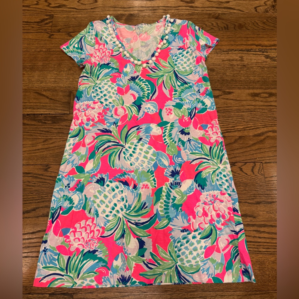 NWOT Lilly Pulitzer Pink Pineapple Floral Dress S Pom Pom Trim